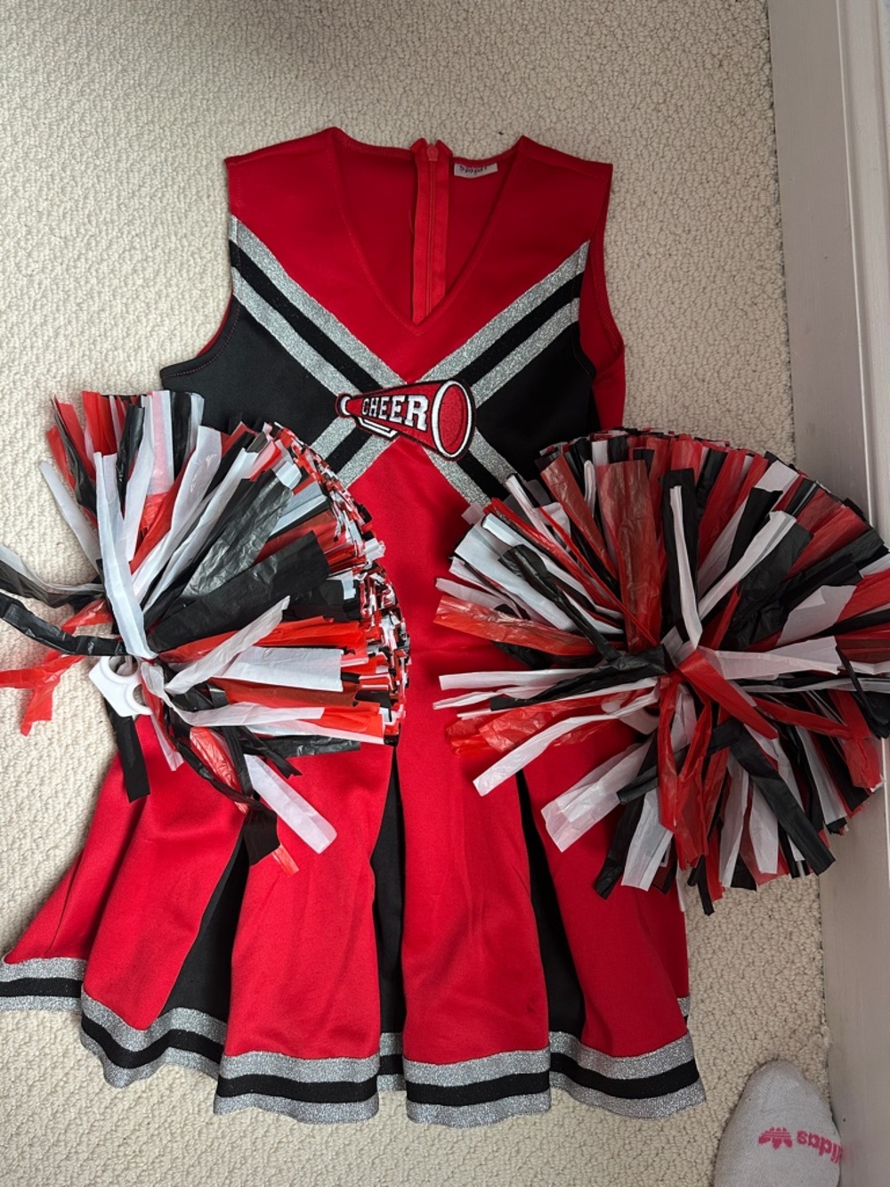 Halloween Spirit Red and Black Cheerleader Dress with Pom-Poms